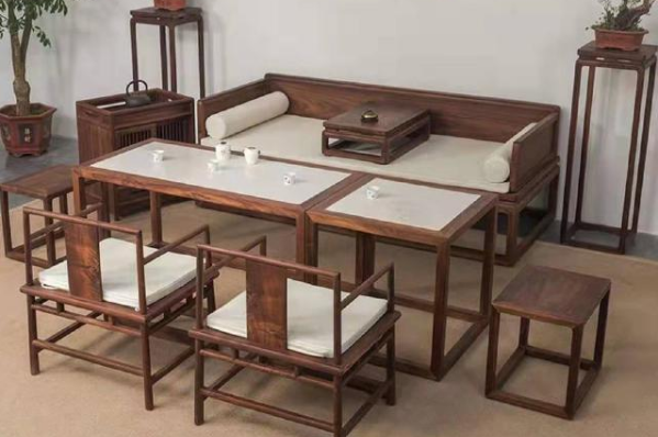 新中式實木羅漢床茶桌北美黑胡桃木泡茶桌老榆木茶室沙發(fā)茶臺組合